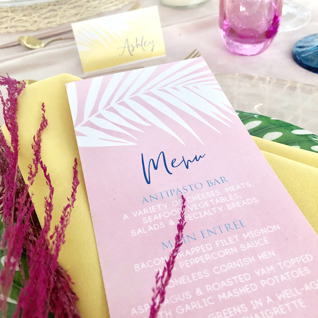 colourful palm leaf wedding menu